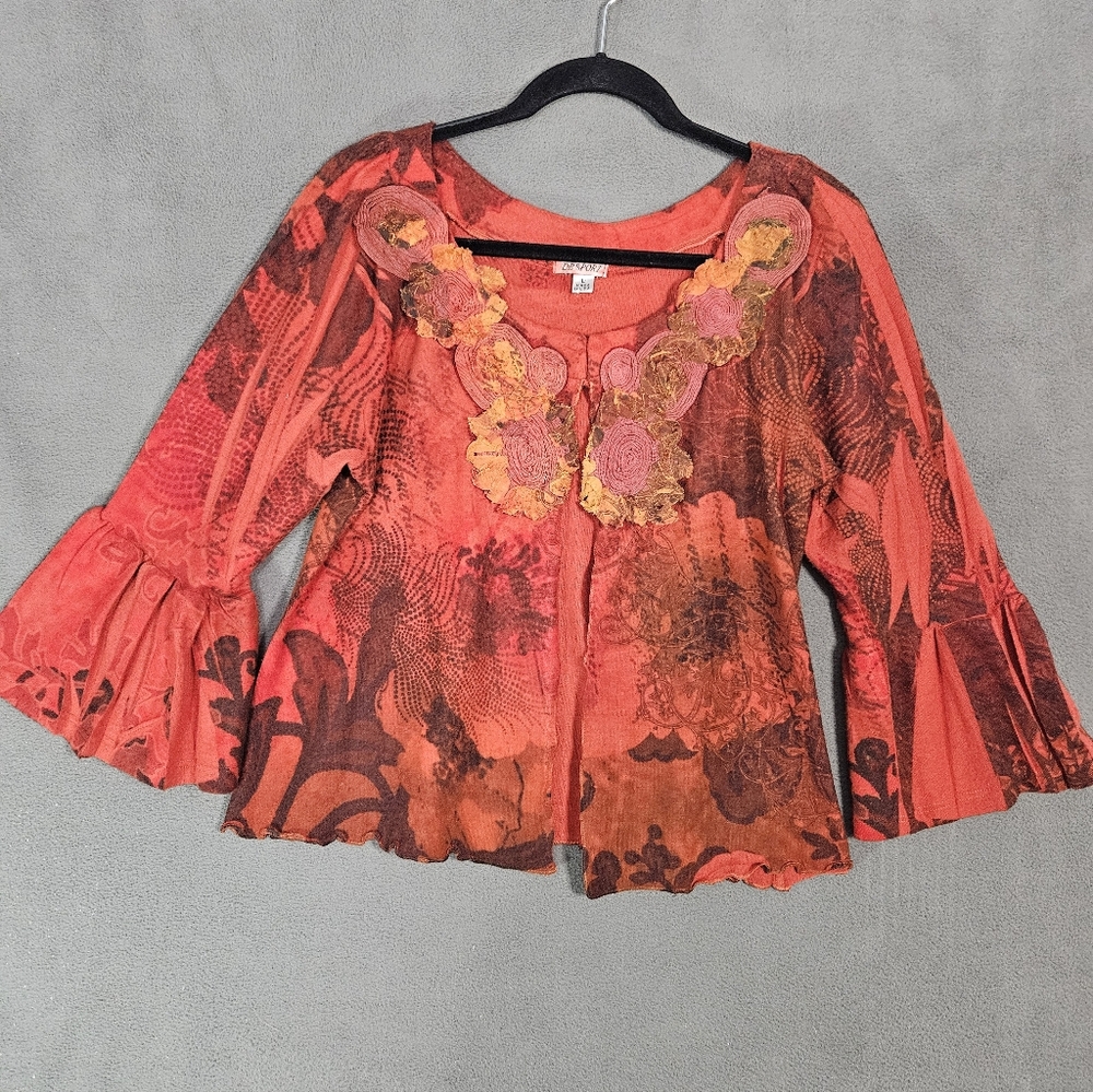 Vintage 90s DB Sport Women Large Boho Cardigan Sweater Textured Floral Red Fairy